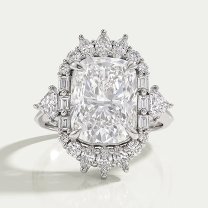 Elongated Cushion Halo Diamond With Baguette & Round Engagement Ring Rings