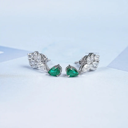 Green Emerald And Pear Diamond Cluster Earrings