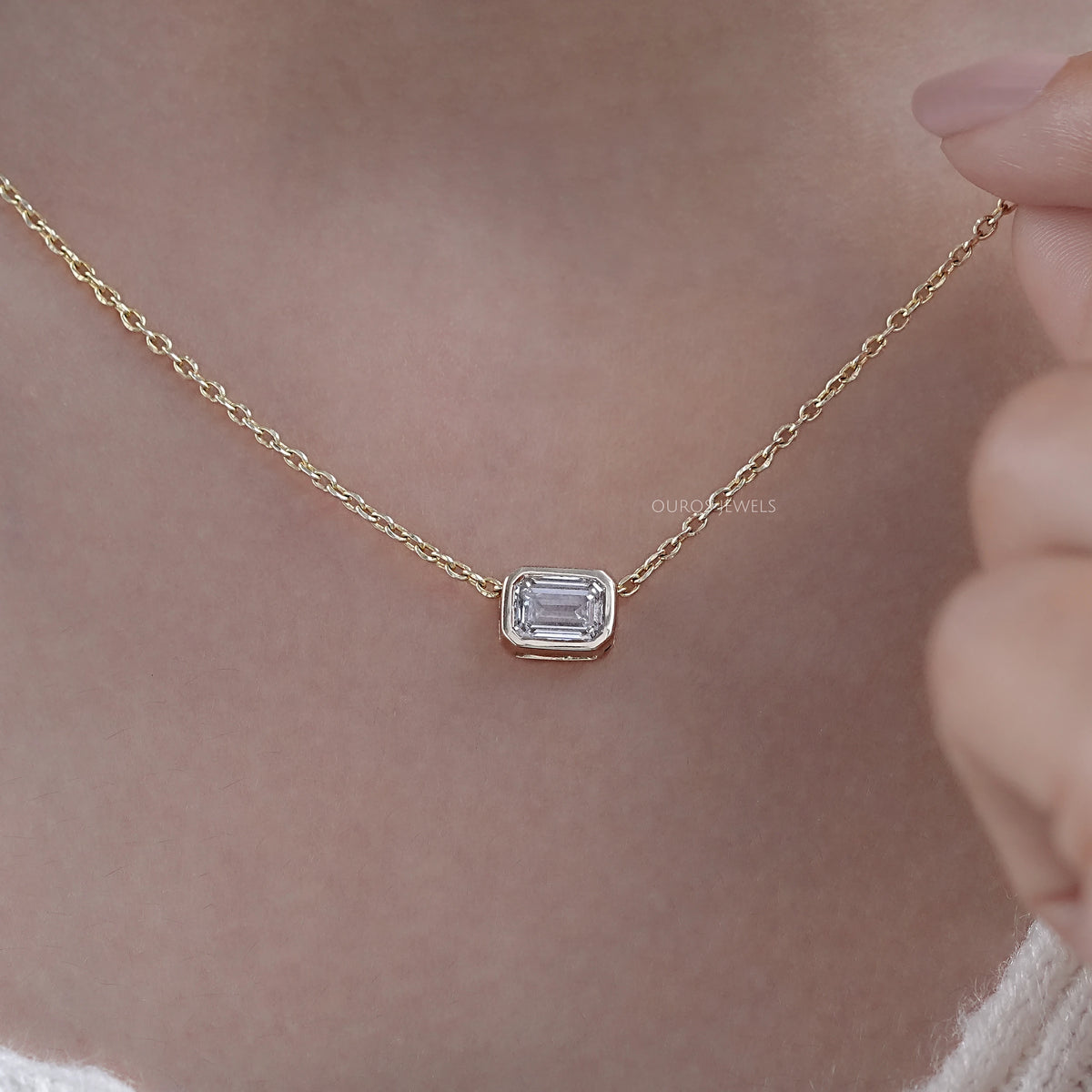 Bezel Set Emerald Cut Lab Diamond Solitaire Pendant Necklaces