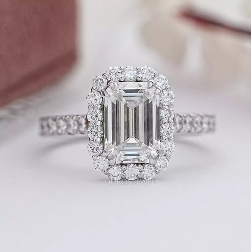 Emerald Cut Halo Accent Diamond Engagement Ring Ring
