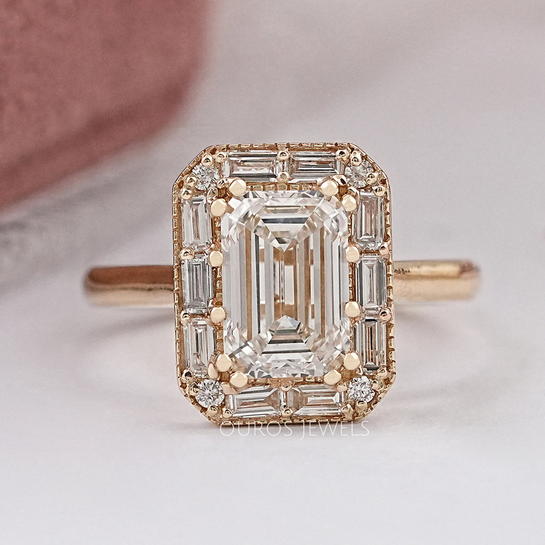 Emerald Diamond Engagement Ring - Baguette Halo Settings Rings