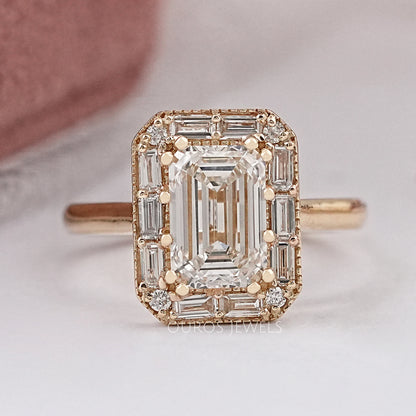 Emerald Diamond Engagement Ring - Baguette Halo Settings Rings