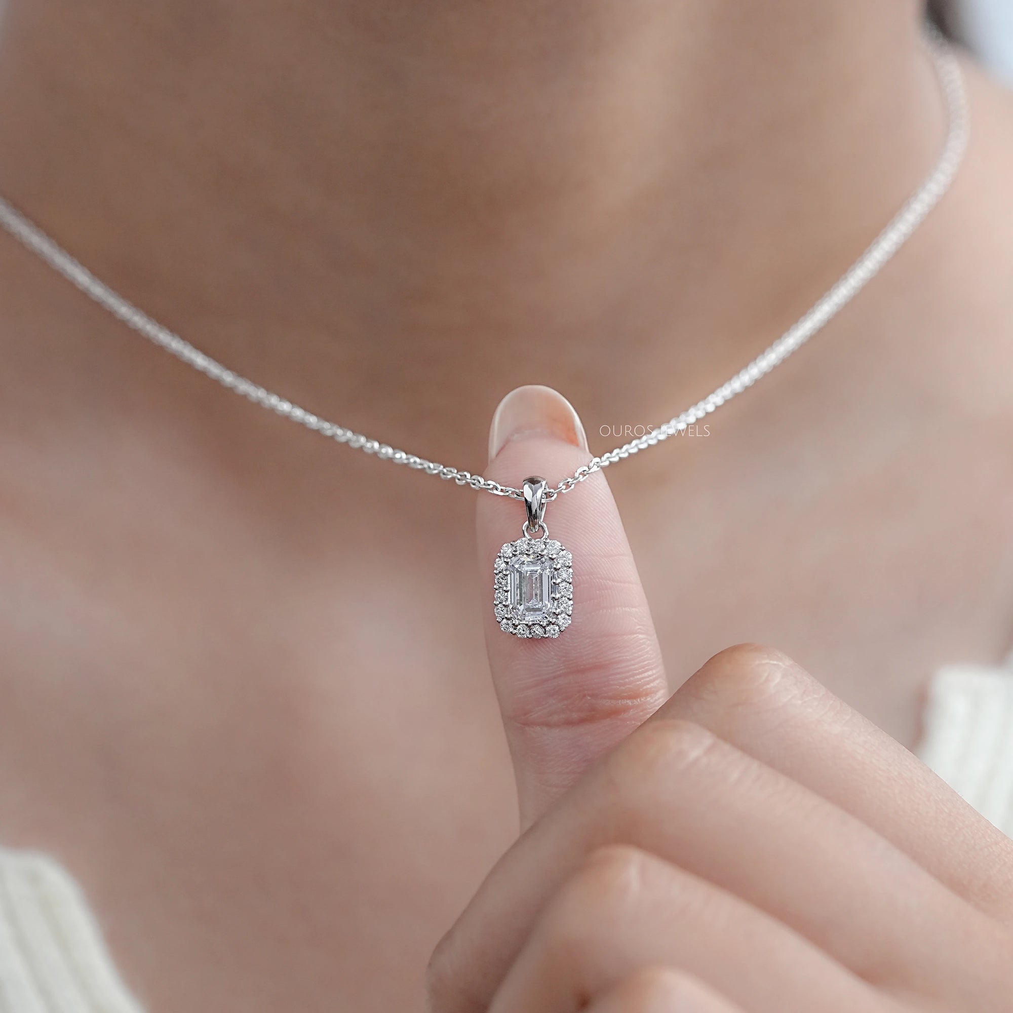 Emerald Cut Lab Grown Diamond Halo Pendant Necklaces