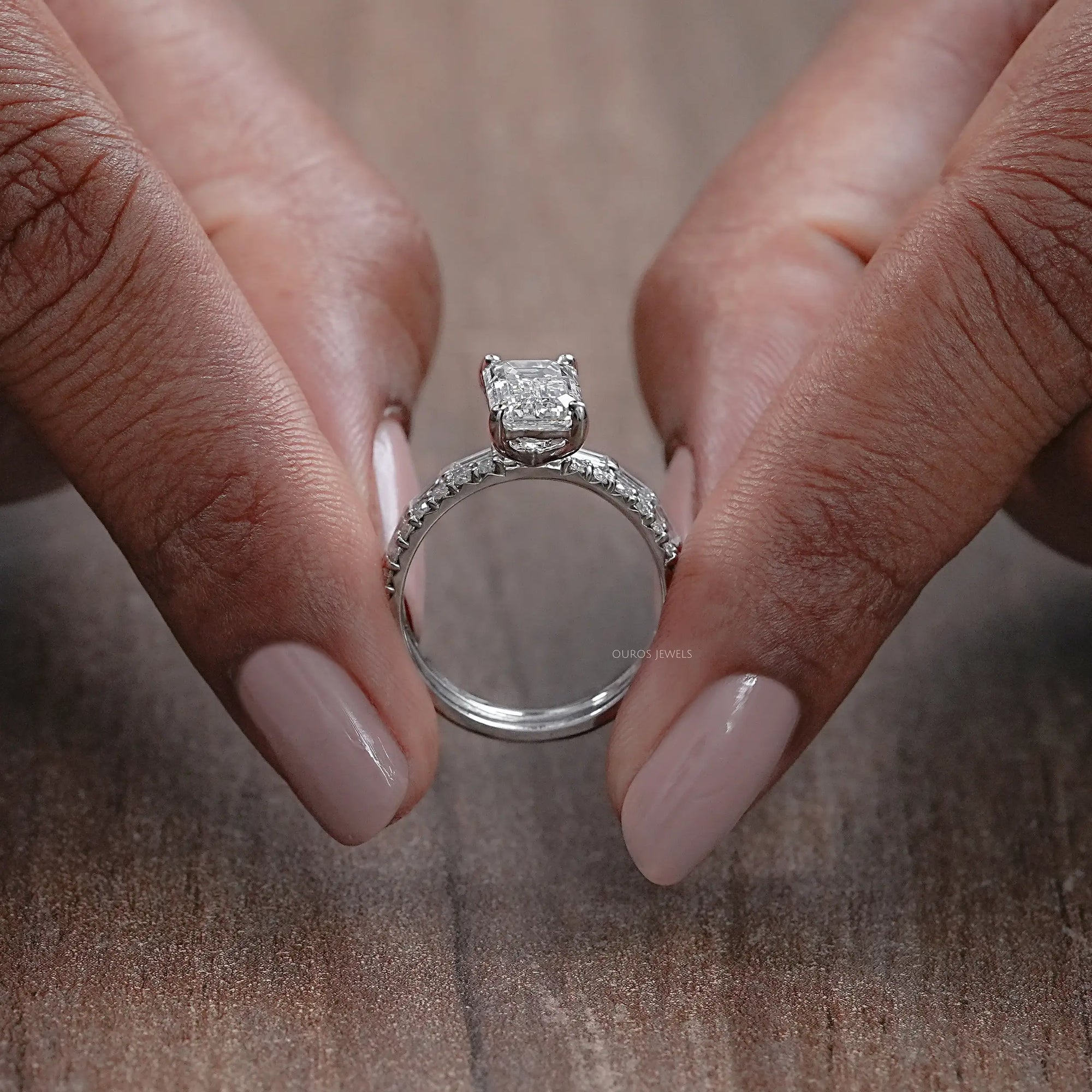 Emerald Lab Diamond Solitaire Accent Wedding Ring Set Rings