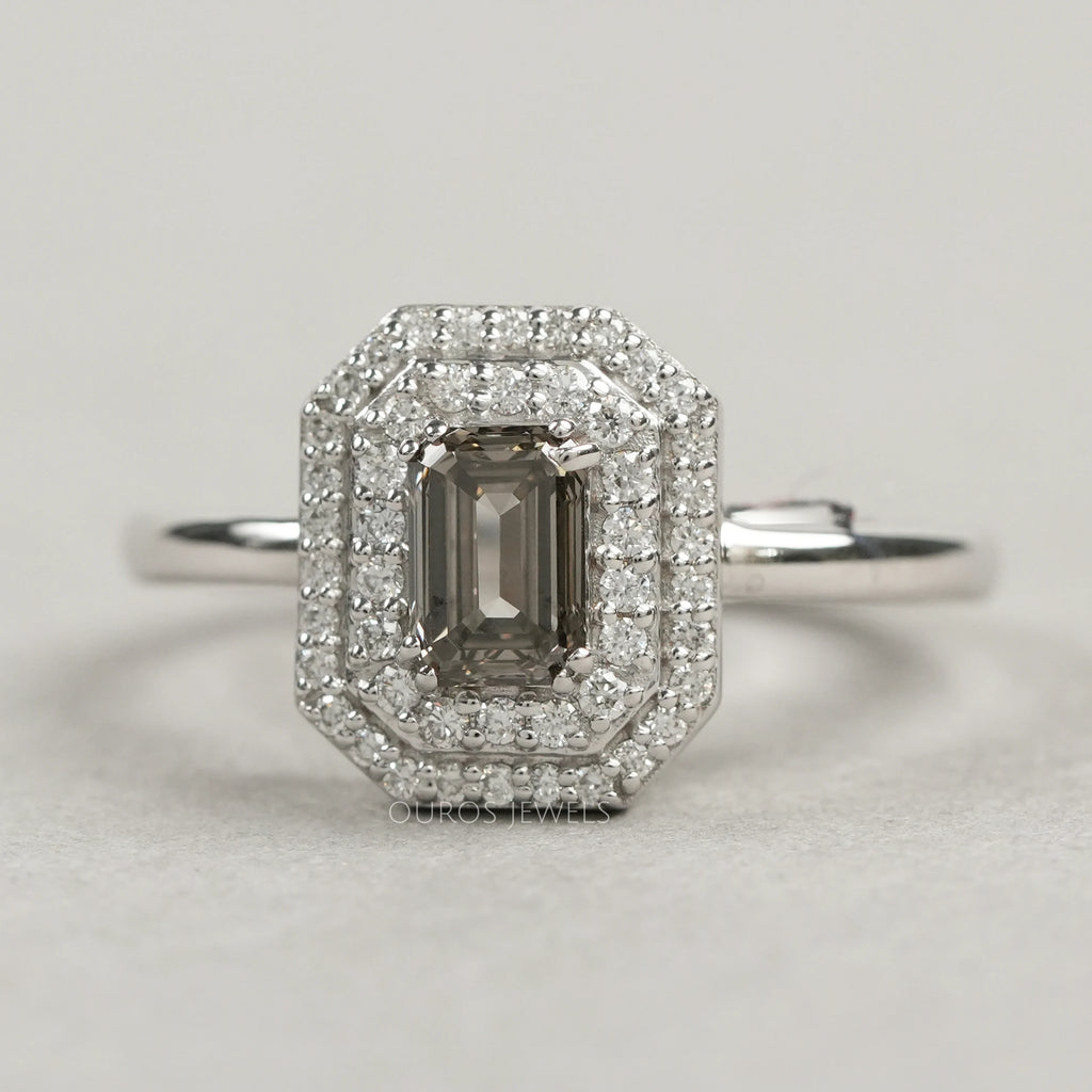 front view of olive emerald cut lab diamond double halo engagement ring