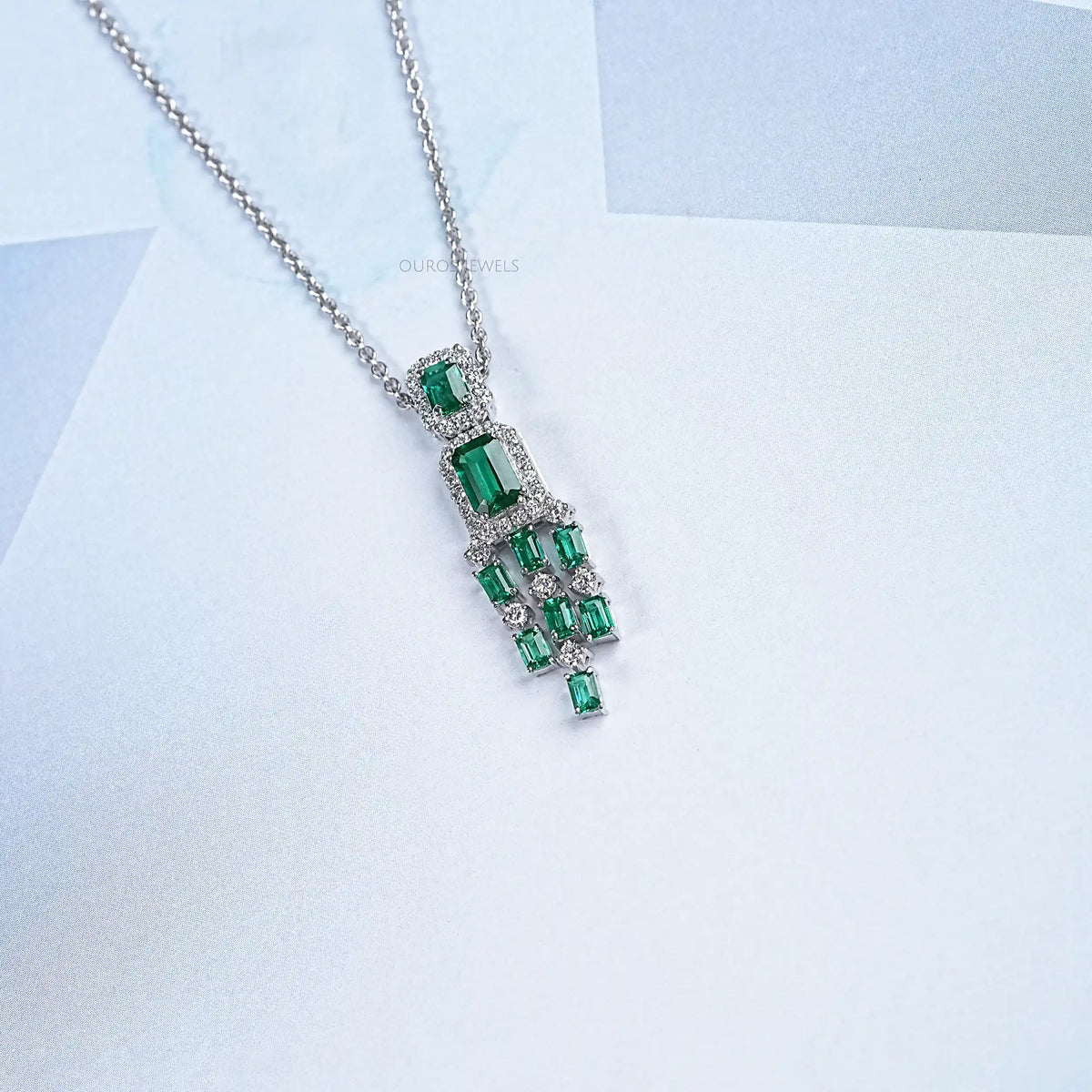 Green Emerald Halo Diamond Chandelier Necklace Set Necklaces
