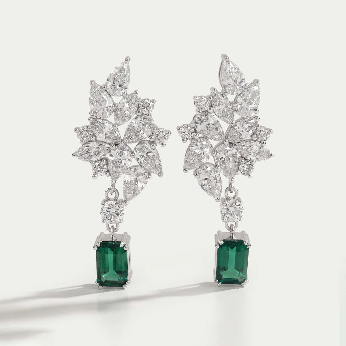 Diamond Cluster Drop Emerald Earrings