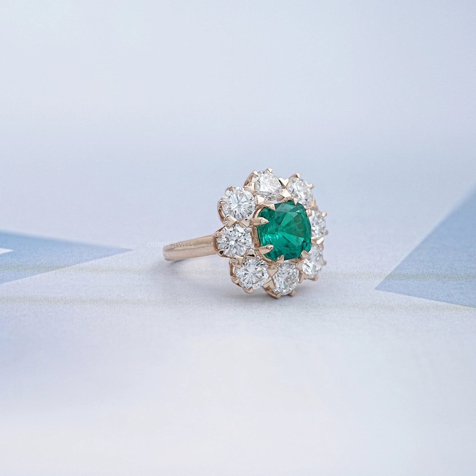 Emerald Square Cushion Round Halo Floral Engagement Ring