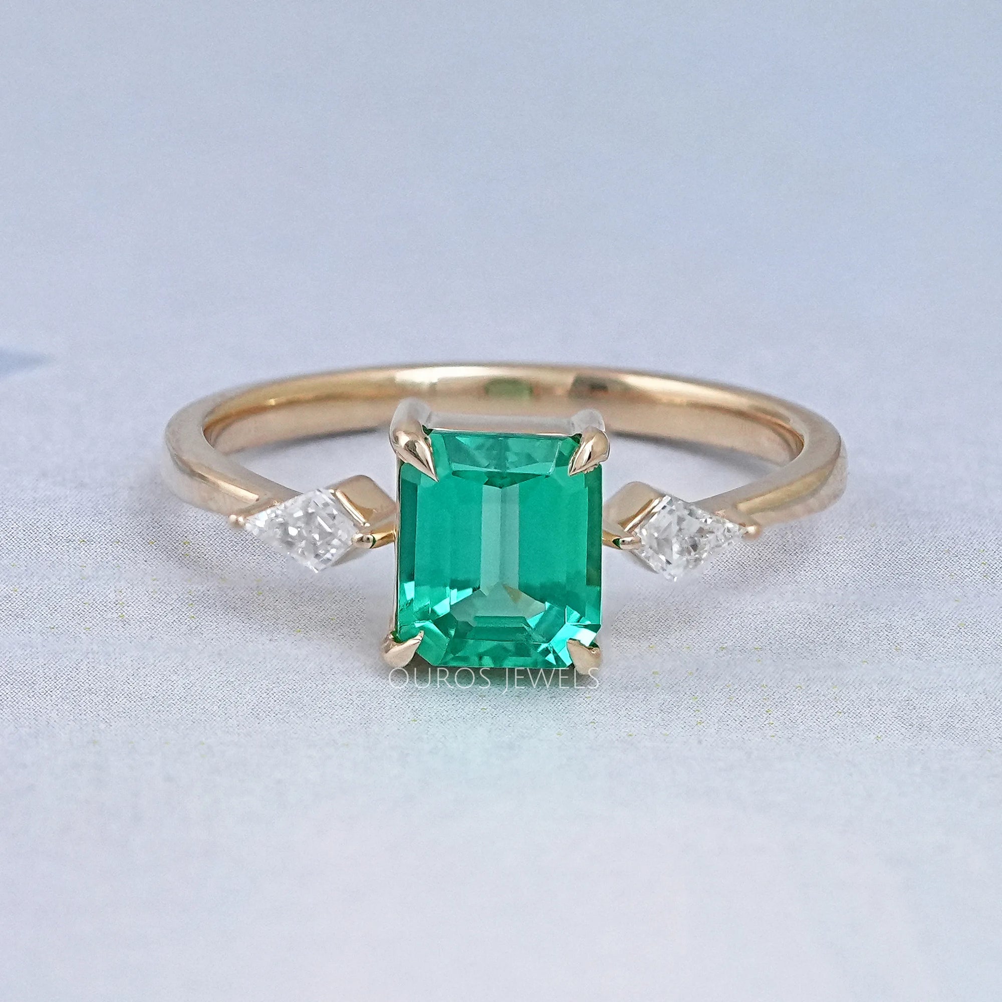 Emerald Gemstone And Kite Cut Three Stone Engagement Ring Rings