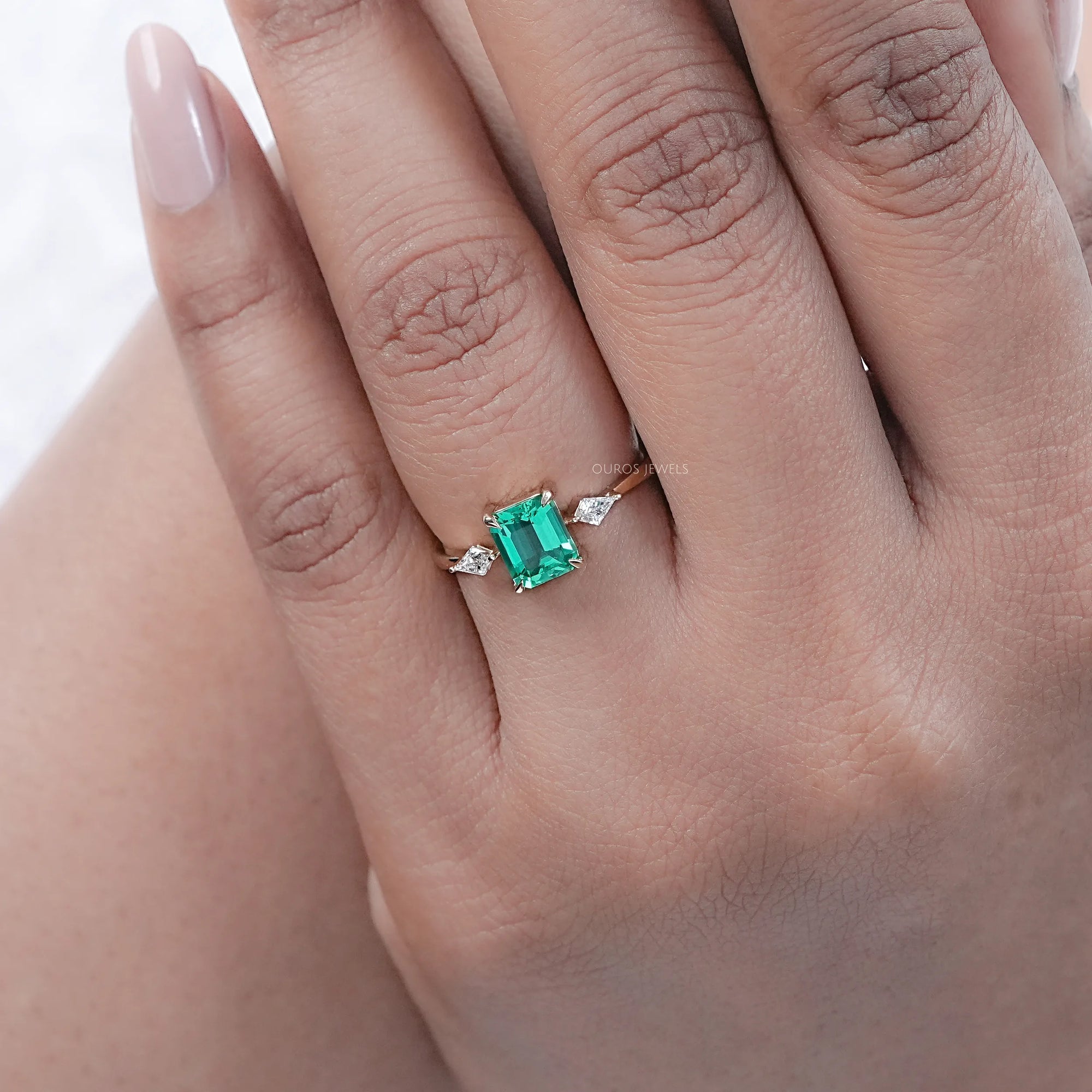Emerald Gemstone And Kite Cut Three Stone Engagement Ring Rings