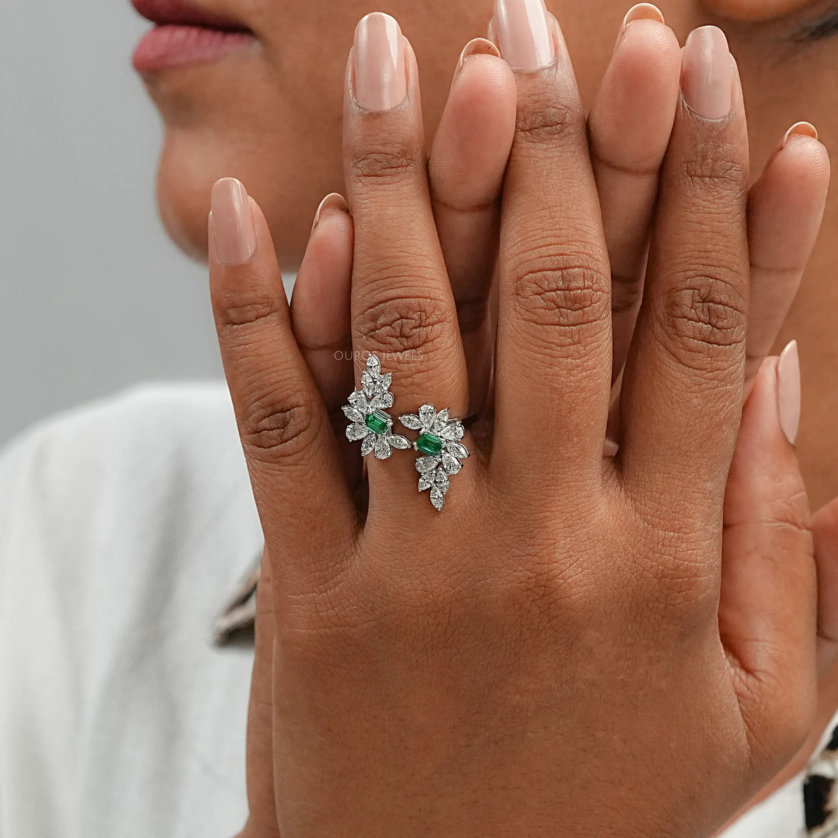 Multi-Shape Lab Diamond and Emerald Bypass Ring Ring