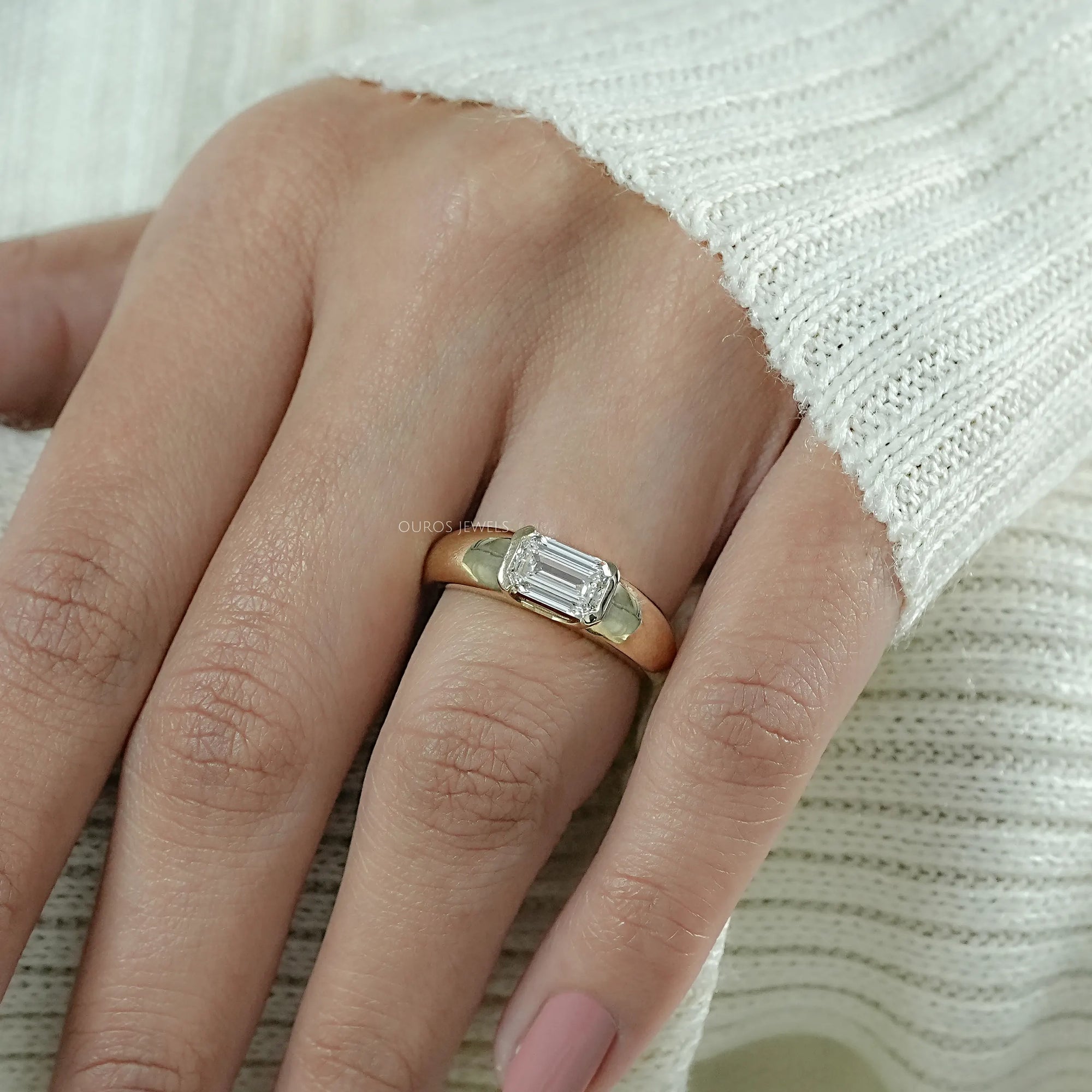 East West Emerald Lab Diamond Wide Band Ring