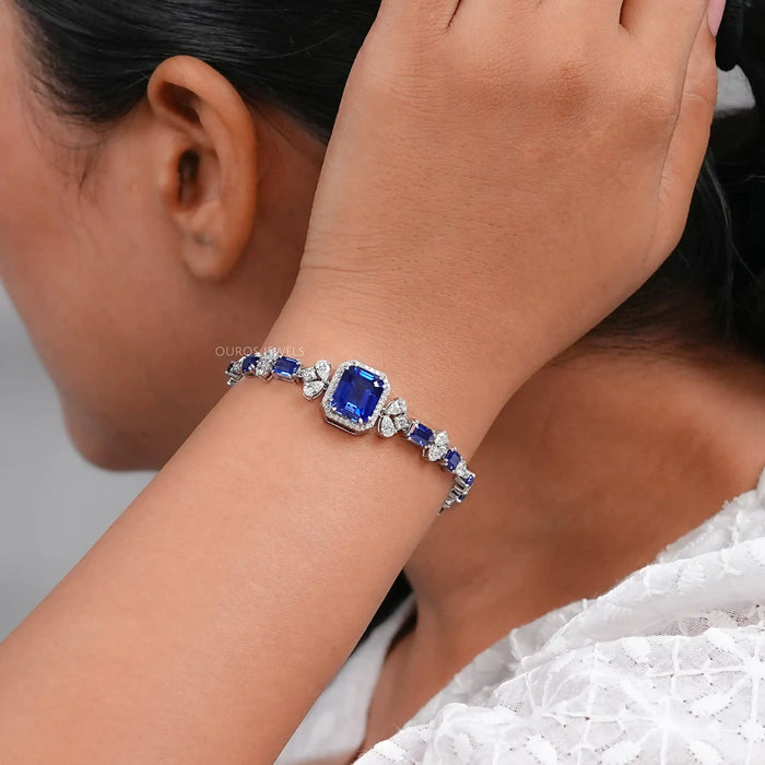 Sapphire Emerald Gemstone And Lab Diamond Halo Bracelet