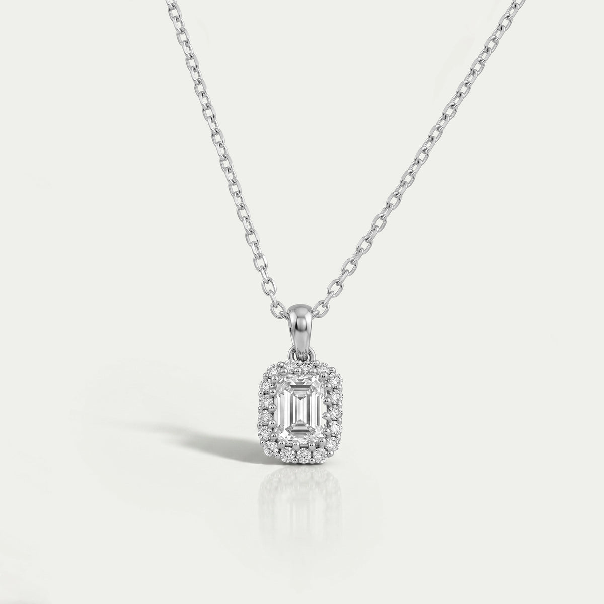Emerald Cut Lab Grown Diamond Halo Pendant Necklaces
