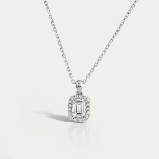 Emerald Cut Lab Grown Diamond Halo Pendant Necklaces