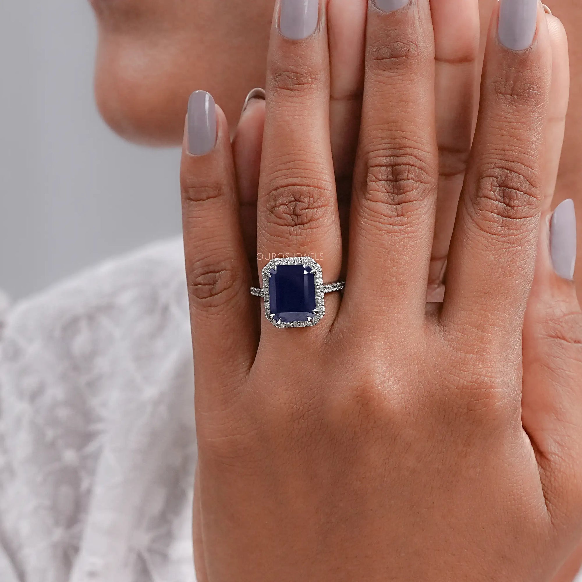 Emerald Shape Sapphire Halo Engagement Ring Ring