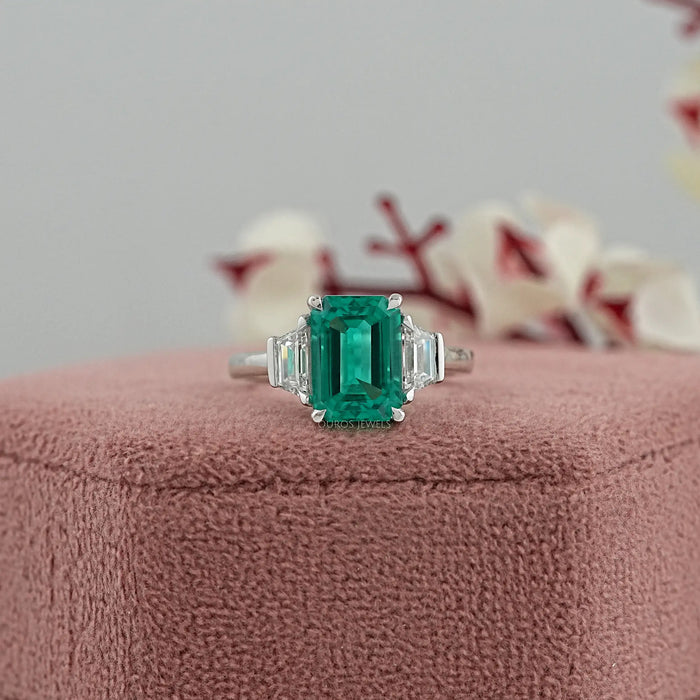 Green Emerald Cut With Trapezoid Diamond Ring