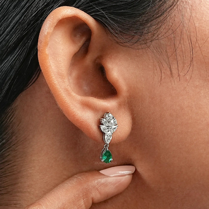 Emerald  With Diamond  Cluster  Pear Drop Earrings