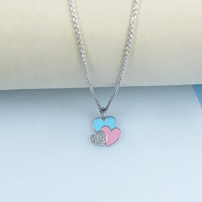 Colorful Triple Heart Tiny Round Diamond Pendant For Kids