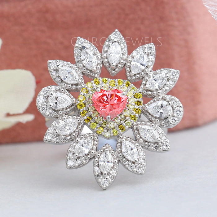 pink heart cut lab diamond floral halo engagement ring's front view