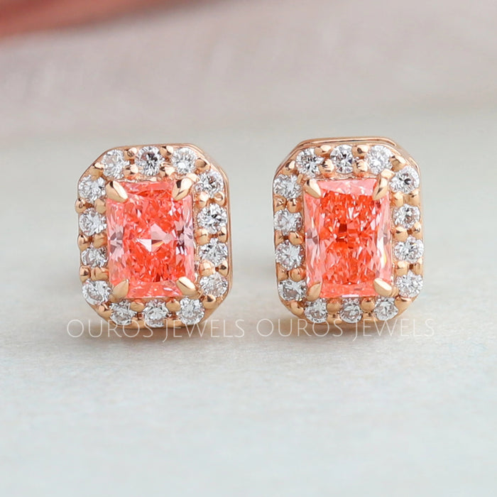 front view pink radiant cut lab diamond stud earrings rose gold