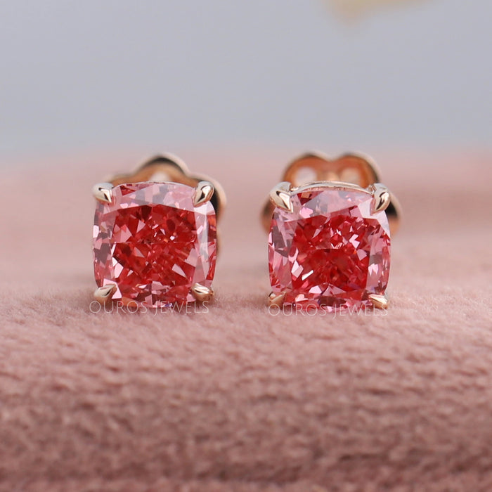 Pink Cushion Cut Lab Diamond Stud Earrings