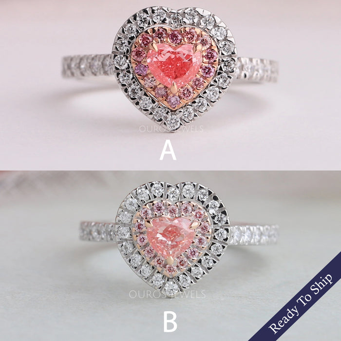 Bague de fiançailles avec diamant en forme de cœur rose et double halo solitaire