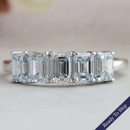 Five Stone Light Blue Emerald Cut Wedding Ring