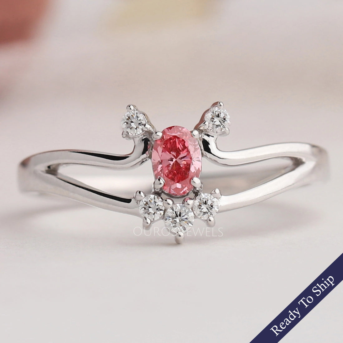Pink Oval Cut Cluster Diamond Ring