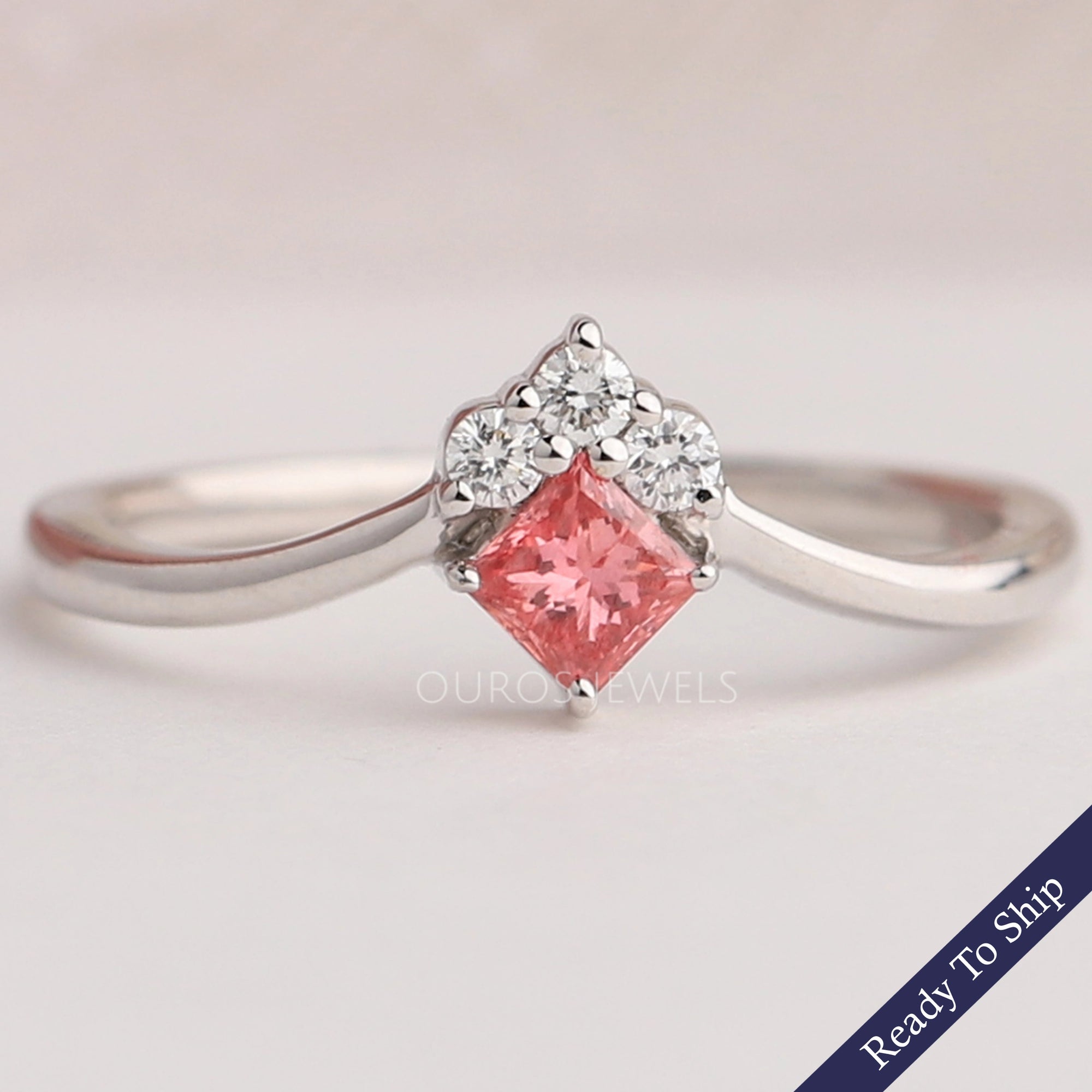 Pink Princess Cut Curved Dainty Ring