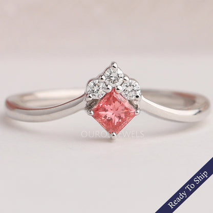 Pink Princess Cut Curved Dainty Ring