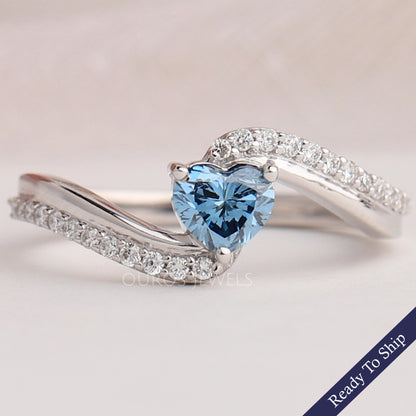 Blue Heart Cut Solitaire Accent Diamond Ring