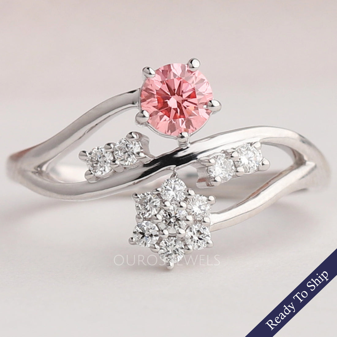 Pink Round Cut Lab Diamond Bypass Set Dainty Ring