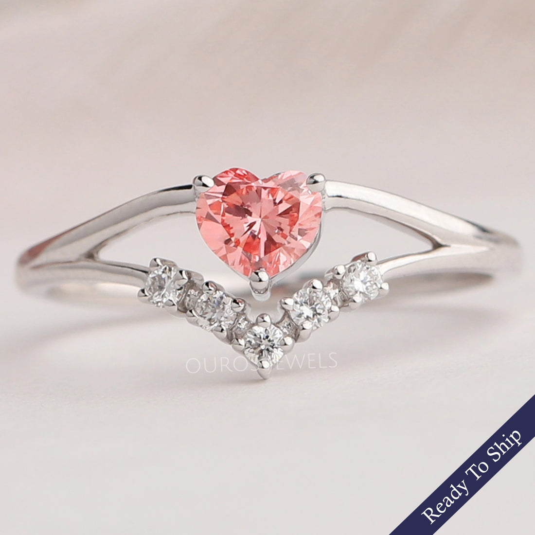 Pink Heart Curved Cluster Diamond Dainty Ring
