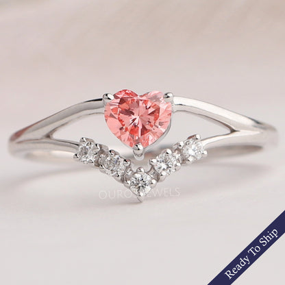 Pink Heart Curved Cluster Diamond Dainty Ring