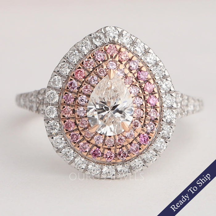 Bague de fiançailles avec halo de diamants en forme de poire