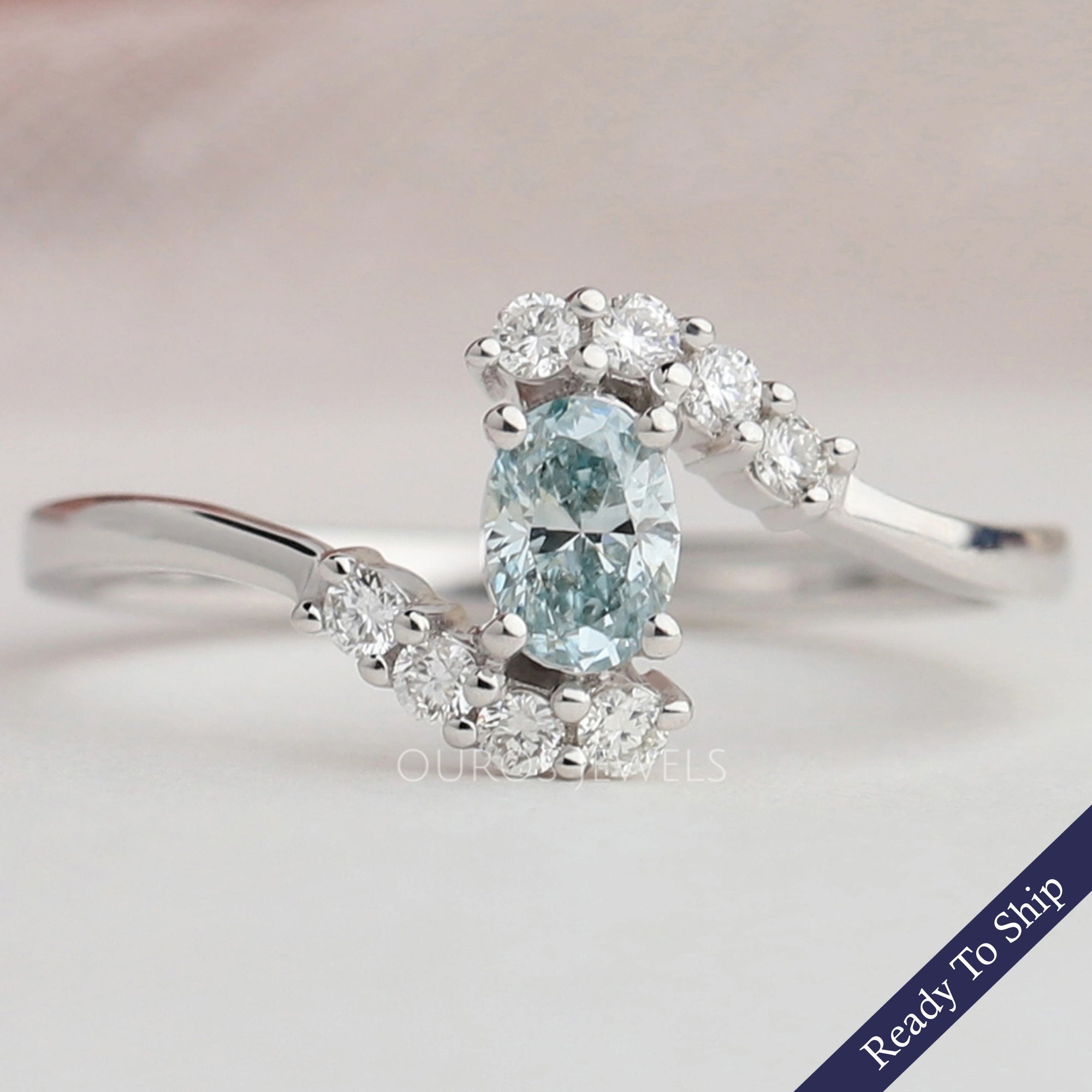 Green Oval Diamond Bypass Set Ring