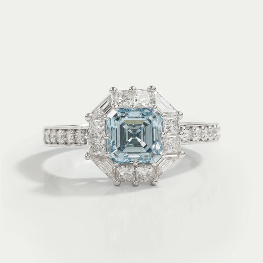 Fancy Blue Asscher Cut Halo With Accent Lab Diamond Ring Rings