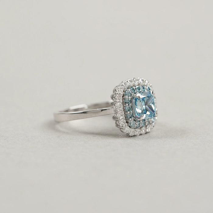 Fancy Blue Cushion Cut Double Halo Lab Diamond Ring