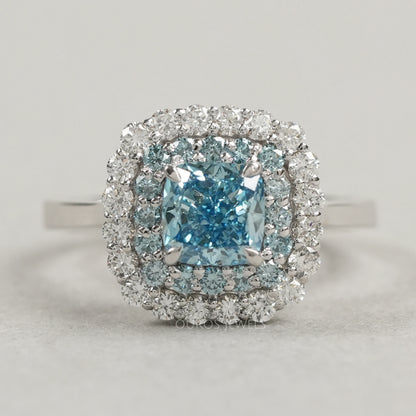 Fancy Blue Cushion Cut Double Halo Lab Diamond Ring Rings