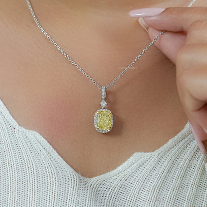 Fancy Intense Yellow Cushion Diamond Halo Pendant Necklaces