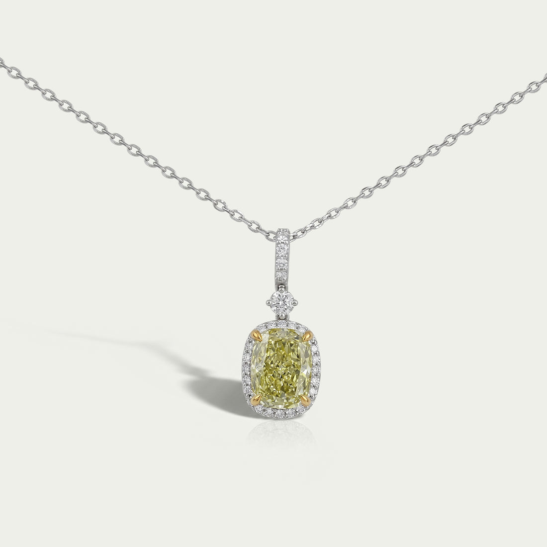 Fancy Intense Yellow Cushion Diamond Halo Pendant Necklaces