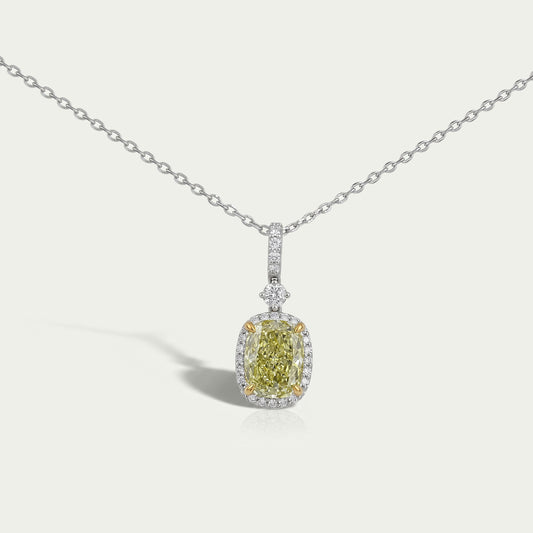 Fancy Intense Yellow Cushion Diamond Halo Pendant Necklaces