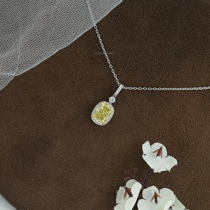 Fancy Intense Yellow Cushion Diamond Halo Pendant Necklaces