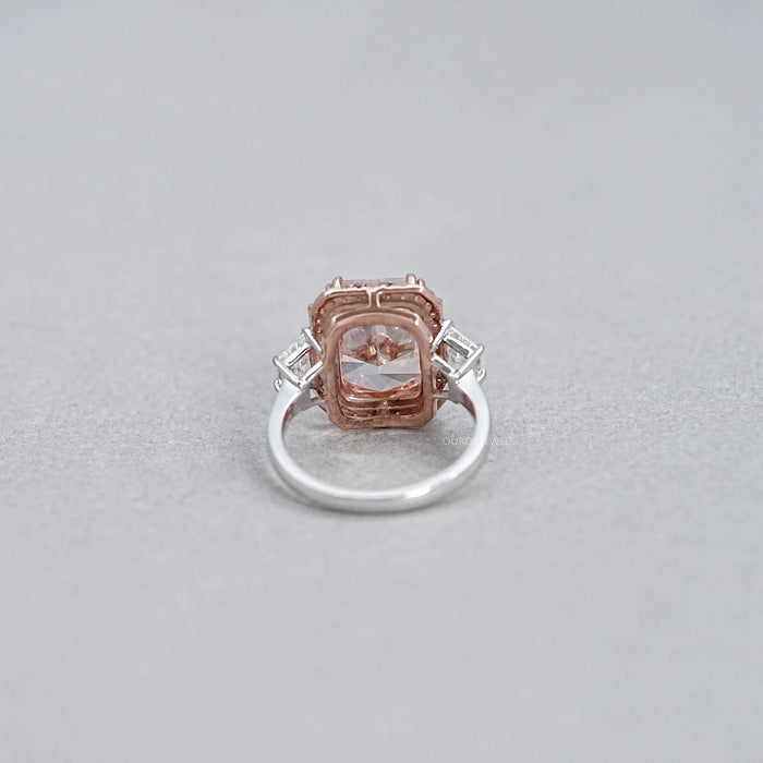 back view of pink cushion-cut lab diamond halo 3 stone colored engagement ring