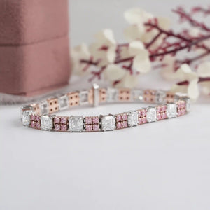 Bracelet de tennis avec diamant rond rose taille Asscher