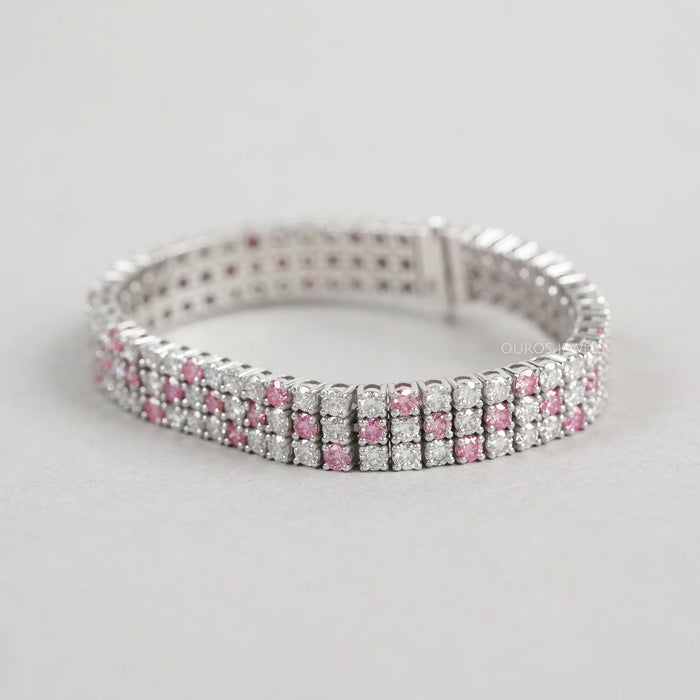 Fancy Pink Round Cut Three Row Lab Diamond Bracelet