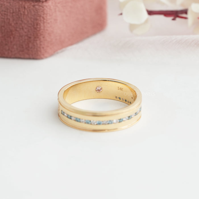 pink hidden diamond blue round wedding band 