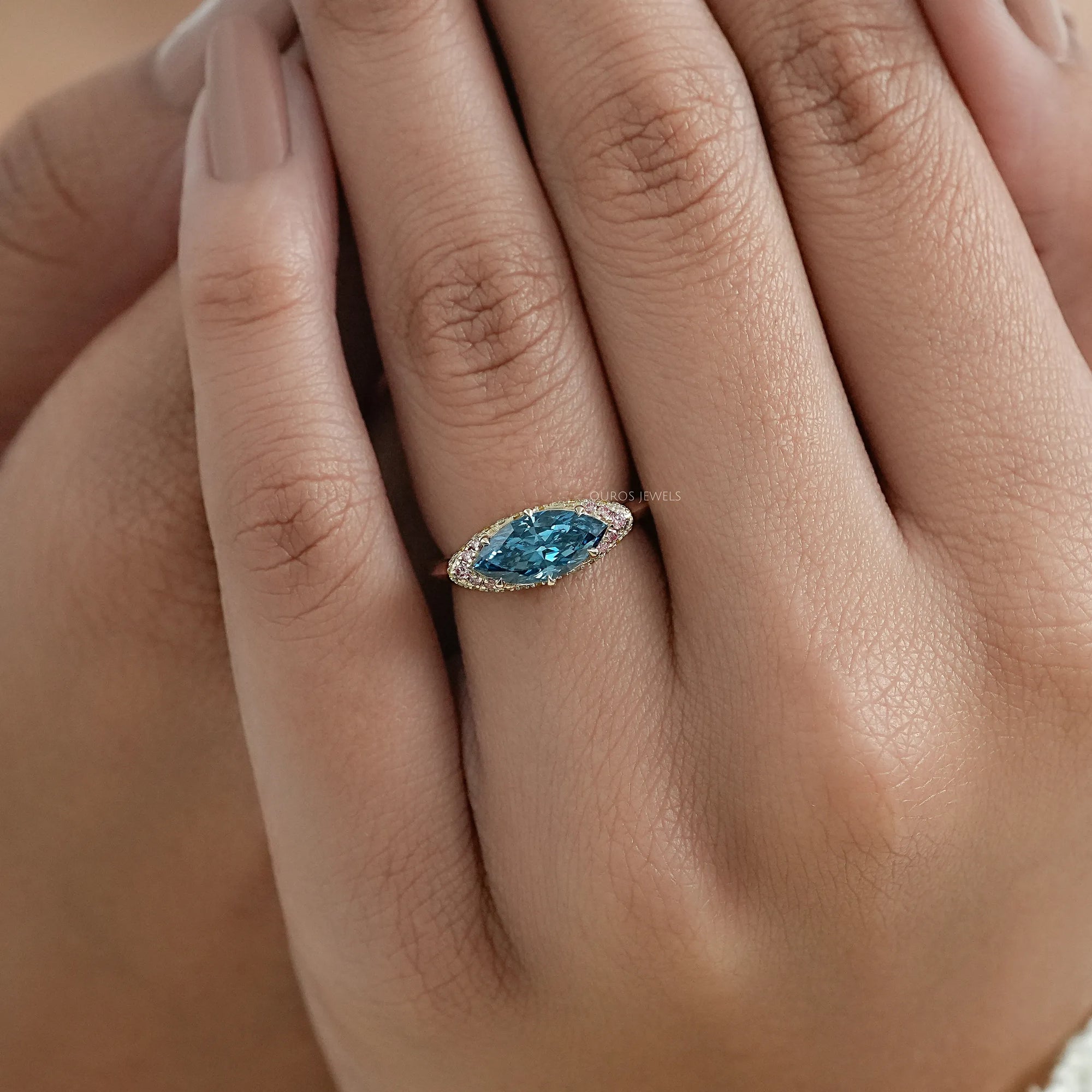 East West Marquise Lab Diamond Hidden Halo Ring Ring