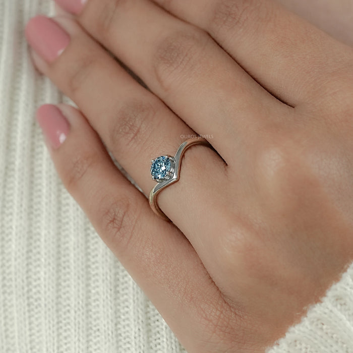Blue Round Lab Diamond Curved Solitaire Ring